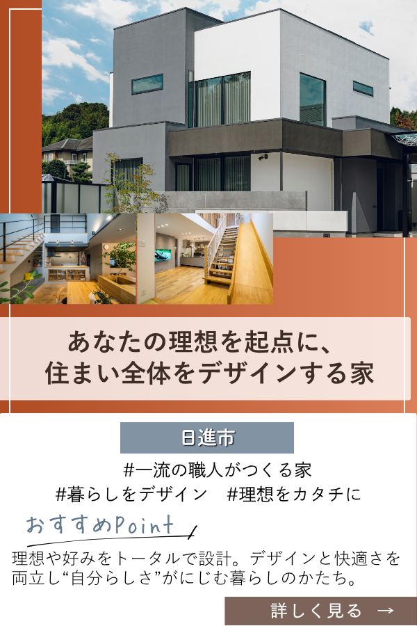 Modern gray‑and‑white two‑story house with large windows; inset reveals an open living space with a wooden staircase, framed by orange design panels for a home design banner.