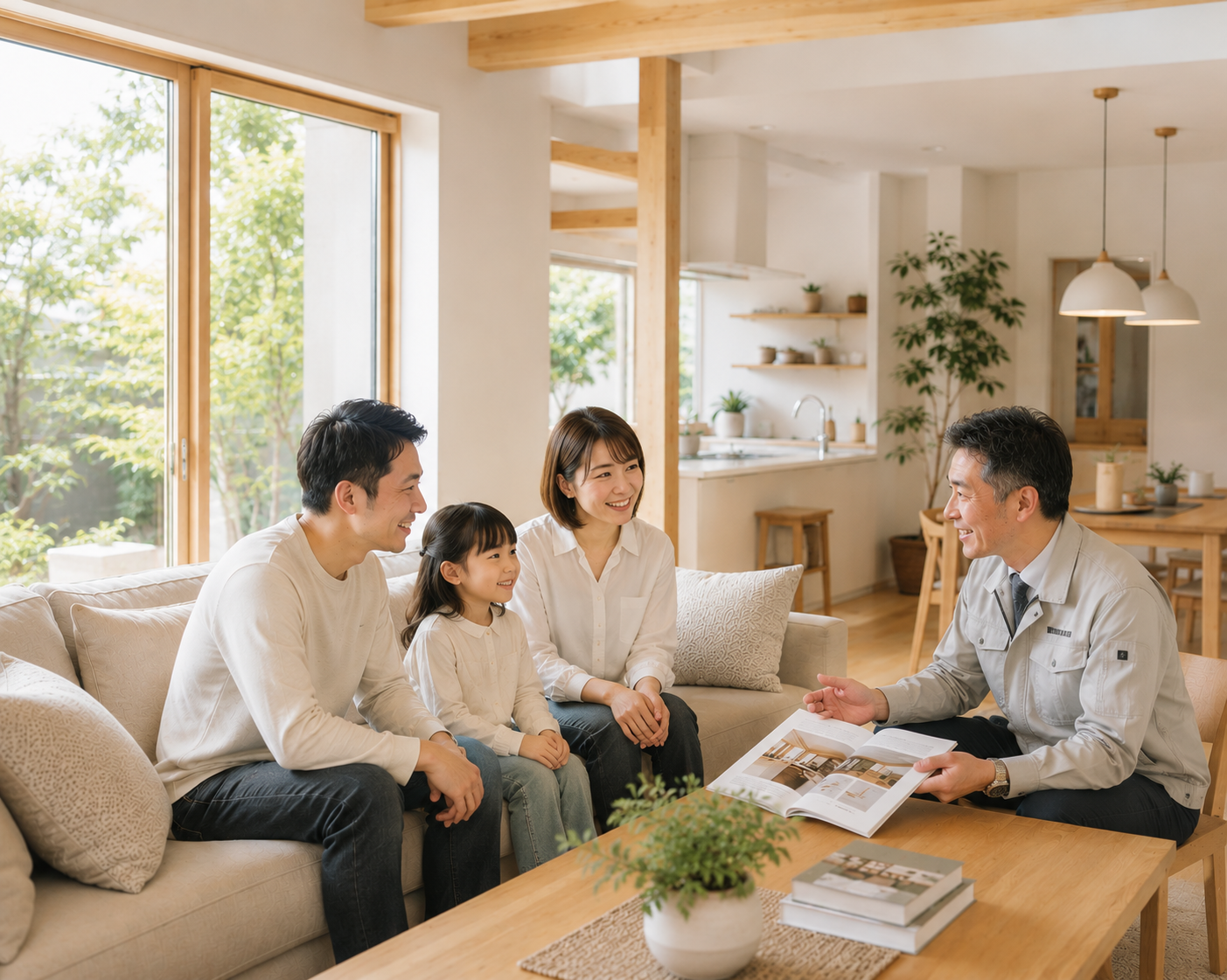 住宅会社の担当者と家づくりについて相談しているイメージ画像。モデルハウスで施工事例を見ながら、家族が住まいや間取りについて説明を受けている様子を表現している。