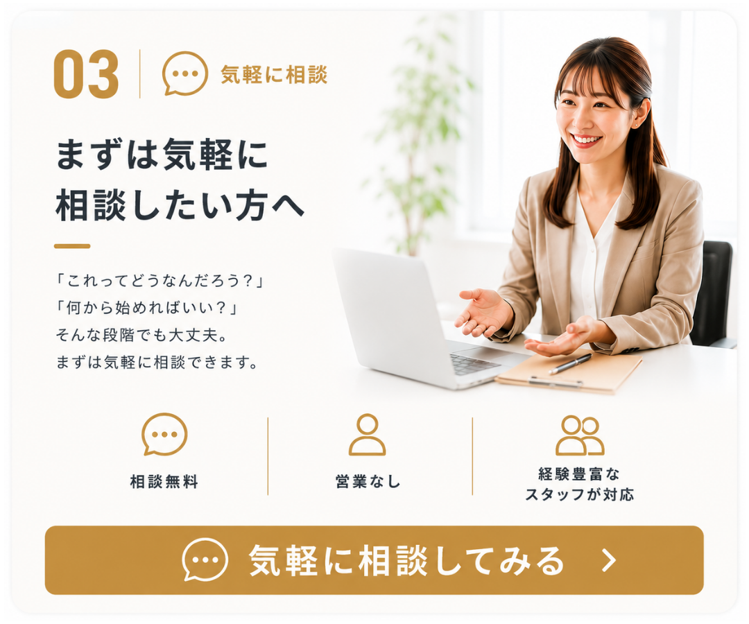 03 気軽に相談。まずは気軽に相談したい方へ向けた案内画像。「これってどうなんだろう?」「何から始めればいい?」そんな段階でも大丈夫。まずは気軽に相談できる。相談無料、営業なし、経験豊富なスタッフが対応することを紹介している。