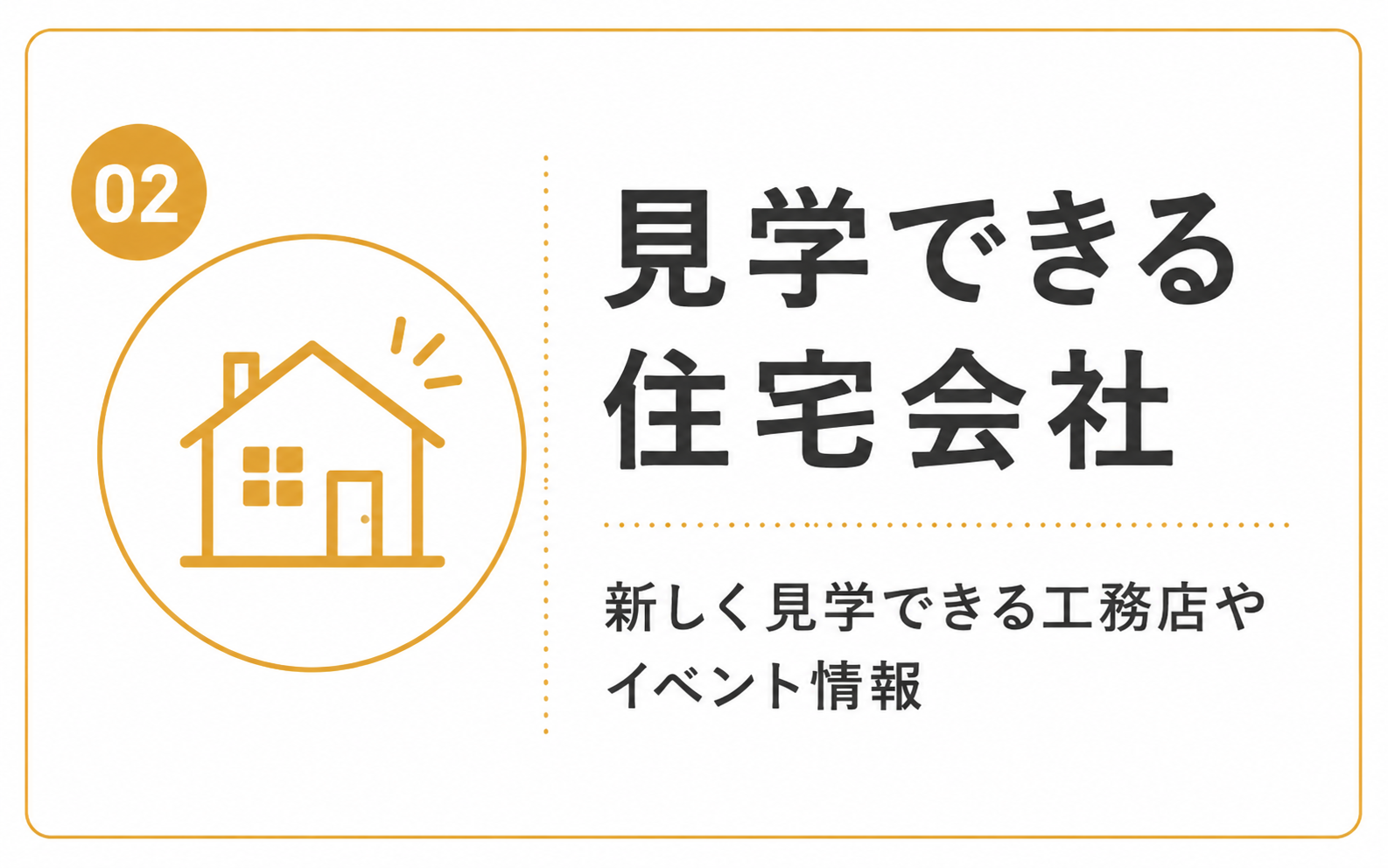 見学できる住宅会社を紹介する画像。新しく見学できる工務店やイベント情報を確認できることを伝えている。