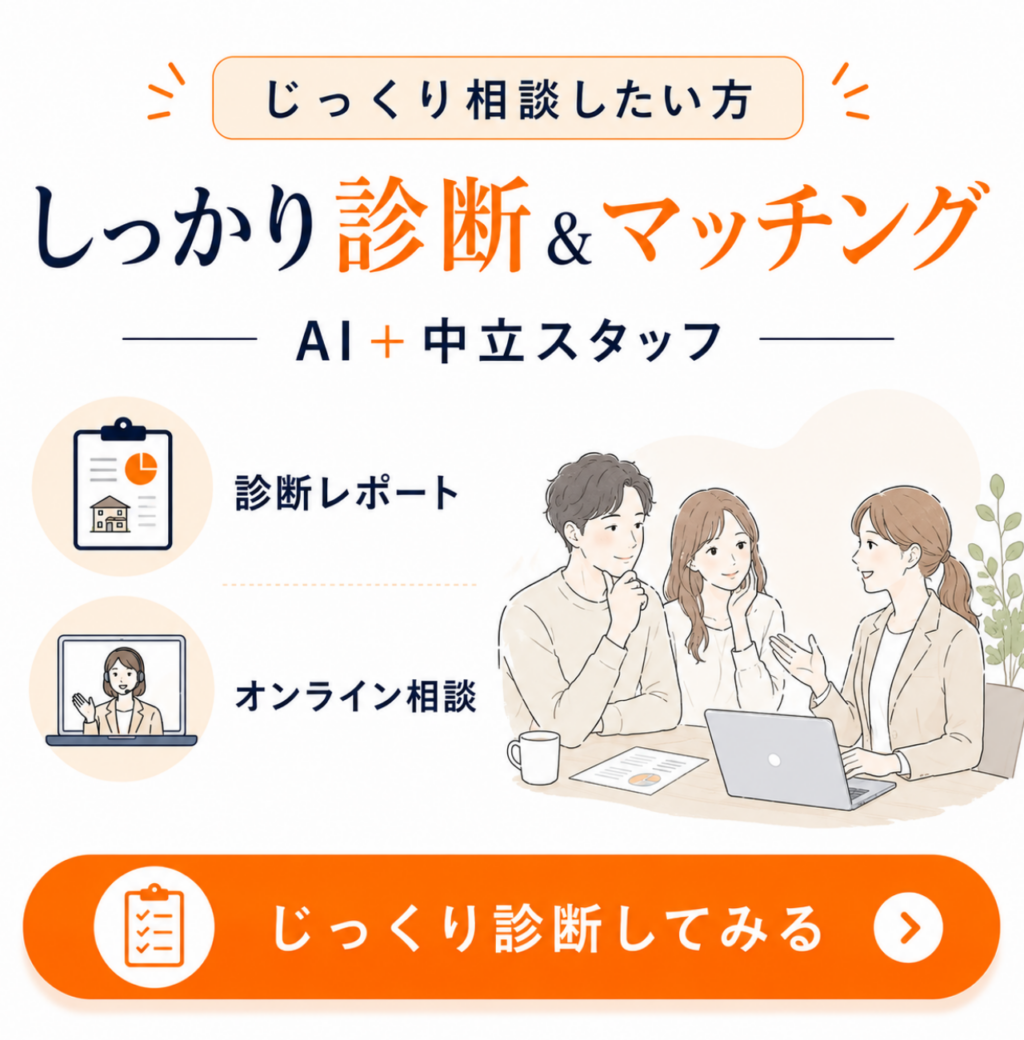 デジタル住宅展示場 AiCHI じっくり相談したい方向けの診断とマッチングを紹介する画像。AIと中立スタッフが、診断レポートとオンライン相談を通じて家づくりの条件を整理し、自分に合う住宅会社探しをサポートすることを伝えている。
