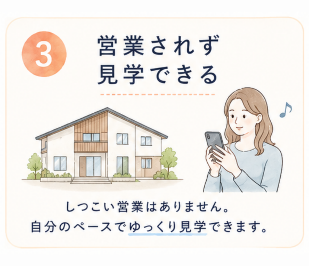 デジタル住宅展示場 AiCHI AIだけではない住宅会社探しサービスの4つの特徴を紹介する画像。必要な情報だけをAIがわかりやすく整理し、中立スタッフと一緒に壁打ちしながら本音で相談できること、しつこい営業なしで自分のペースで見学できること、比較や判断がスムーズになり迷う時間を減らせることを伝えている。